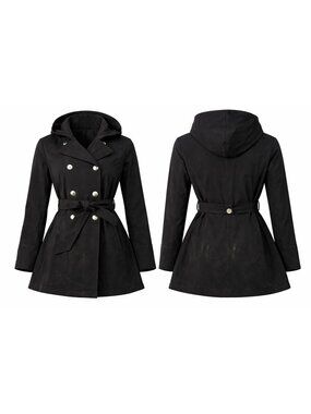 Guess Black Hooded Trench Coat Belted Double Breasted Women’s Jacket